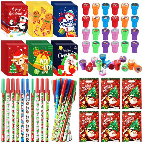 Moinchore 144 Pcs Christmas Stationery Party Favor Christmas School Stationery Set Classroom Christmas Gifts Xmas Stamps Pens Bags Holiday Notepads for Goodie Bag Stuffers Exchange Prizes