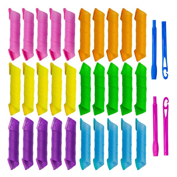 Essenergi 30pcs Heatless Hair Curlers Rollers Spiral Curls Styling Kit with 2 Sets Styling Hooks,No Heat Curlers for Women Girl's, pink, orange, blue, green, yellow and purple (12 Inch/30 cm)…