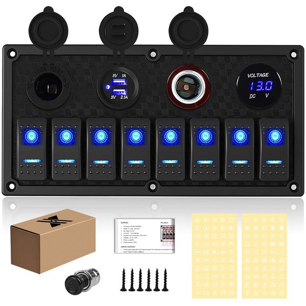 Xhtechnology Marine Boat Rocker Switch Panel,Waterproof 8 Gang Toggle Switch Panel with Dual USB and Voltmeter Panel for RVs, Cars, Boats, Trucks,Trailers - 12-24V