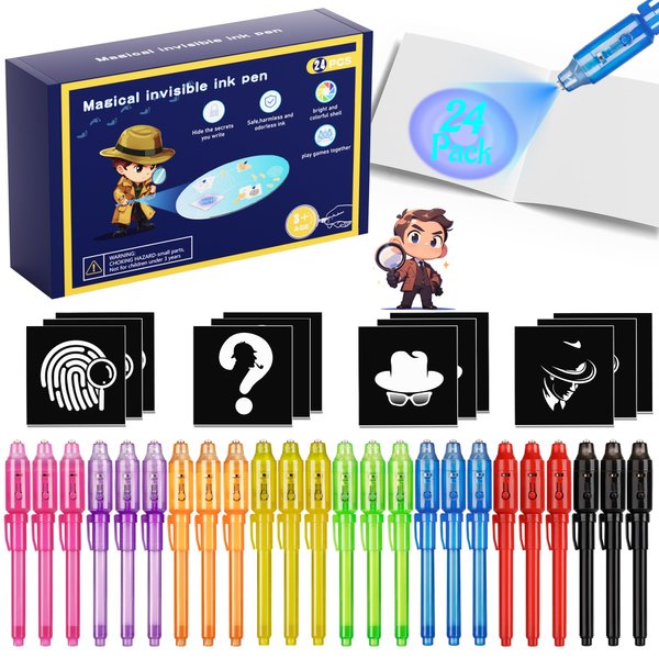 inkipen Invisible Ink Pen 24Pcs+ Notebooks,Spy Pens with UV Light,Magic Marker,Classroom Prize, Birthday Party Favors for Girls Boys,Kids Christmas Gift Stocking Stuffers