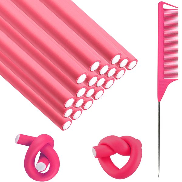 XATDOMESD Flexible Curling Rods, 20 Pieces Soft Foam No Heat Hair Rollers, L Size 0.8 inch Pink, with Steel Pintail Comb for Women Girls Long and Short Hair