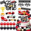 MEMOVAN Fast One Cake Topper Race Car First Birthday Cake Decorations with Red Black Balls for Boy's Kids Racing Car Checkered Flag Themed Birthday Party Favors