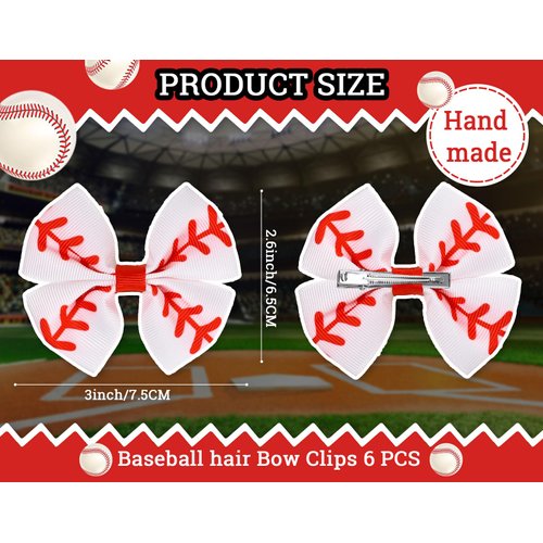 Whaline 6 Packs Baseball Hair Bow Clips Red and White Baseball Cheer Hair Clips Grosgrain Ribbon Softball Cheerleading Hair Barrettes Alligator Clips Hair Accessories for Girls Teens Toddlers