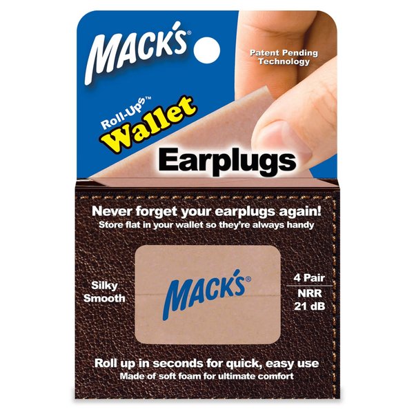 Mack's Roll-Ups Wallet Ear Plugs, 4 Pair - Soft Foam Earplugs for Concerts, Sports Events, Nightclubs, Shooting and Power Tools Beige