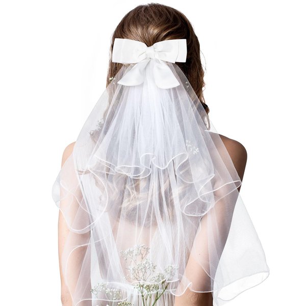 Isslly White Bridal Bow Hair Clip, Wedding Veil Headpiece, Lace Veil for Women Wedding, Bachelorette Parties, Bridal Shower for Brides, Flower Girls