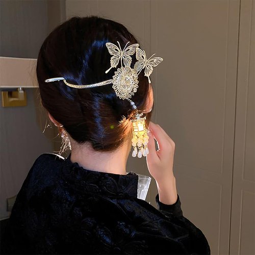 Lantern Light Tassel Hairpins Hair Stick, Butterfly Twist Clip Headpieces, Retro Hair Pin Hair Accessories (Chinese Pavilion)