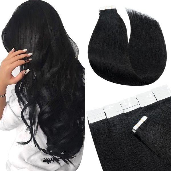 SEGO 20 Inch Tape in Hair Extensions Human Hair 100g 40pcs Straight Natural 100% Remy Rooted Seamless Skin Weft Invisible Double Sided Tape Hair for Women-Jet Black