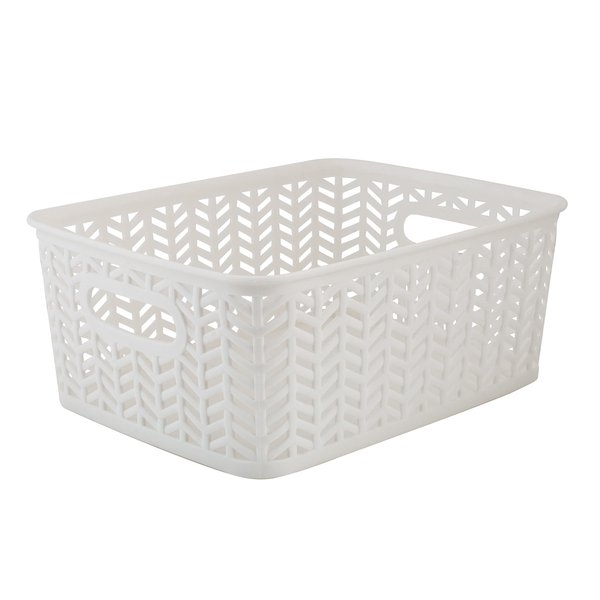 Simplify Small Herringbone Bin Storage Tote Basket Organizer Decorative, Good for Closets, Countertops, Desks, Dressers, Accessories, Cleaning Products, Sports Equipment, Toys, White