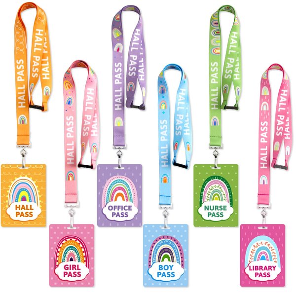 Boho Rainbow Hall Pass Lanyards School Passes Set of 6 for Classroom Reusable Nurse Library Office Hall Boys Girls Teachers Supplies