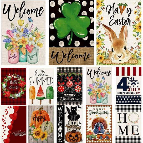 Garden Flags 12x18 Double Sided, Set of 12 Yard Flags for Outside Seasonal Garden Flag Outdoor Holiday Farmhouse Decorations Flags for All Seasons(Seasonal)
