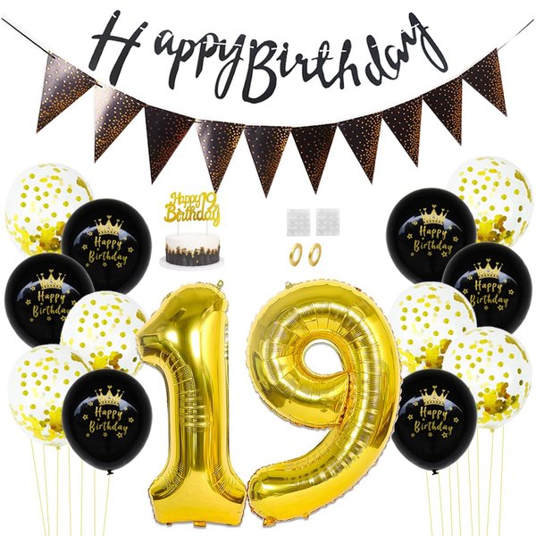 Daimay 19th Birthday Party Decorations Gold Black Happy Birthday Latex Confetti Balloons Triangle Flag Banner Number 19 Foil Balloon Cake Topper for Men Women Anniversary Birthday Party Supplies