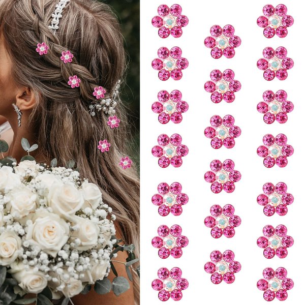 YISSION 20Pcs Mini Rhinestone Flower Hair Clips Cute Hot Pink Hair Pins Small Decorative Hair Clips Wedding Hair Barrettes Bridal Hair Accessories for Girls Women