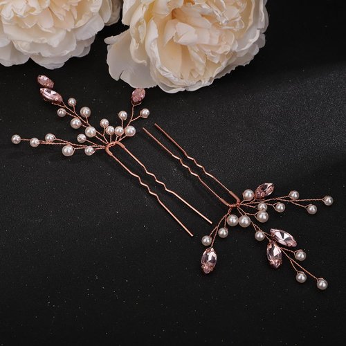 Teyglen 3pcs Crystal Pearl Bridal Hair Pins Pink Pearl Bride Wedding Hair Pins Set for Bride Wedding Hair Accessories Handmade Red Black Blue Pearl Hair Pieces for Women Bridesmaid Girls (Pink)