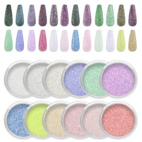 Laza 12 Colors Nail Art Glitter Sea Salt Powder Crystal Diamond Holographic Glitter Sugar Effect Nail Powders Candy Color Sandy Dust Sequins for Nail Art Tips Decoration DIY Crafts - Ice Cream