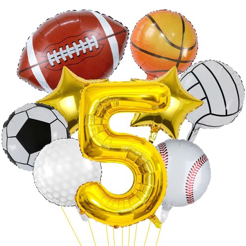 9 Pieces Sports Balloons, Football, Basketball, Baseball, Volleyball, Golf and Soccer Foil Balloon, Sports Birthday Number Mylar Foil Balloon, Sport Theme Birthday Party Supplies Decorations (5th)