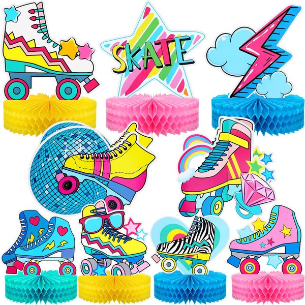 Hotop 9 Pcs Roller Skating Party Supplies Roller Skate Table Centerpiece 3D Honeycomb Skateboard 80s 90s Party Decorations for Skate Party Supplies Table Decorations