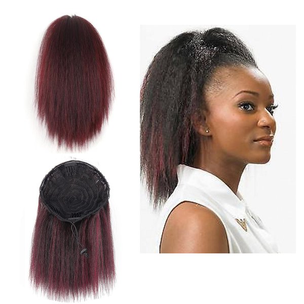 10inch Short Kinky Straight Ponytail Afro Clip in Hair Extensions Ponytail Warp Around Natural Puffing Ponytail (Black to Burgundy)