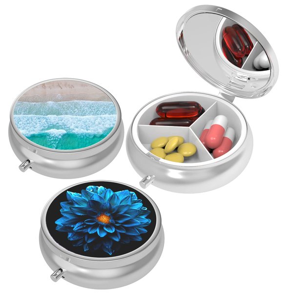 Small Pill Box,Pill Case for Purse&Pocket,3 Compartments Travel Pill Case Medication Organizer Storage for Vitamins, Pills, Fish Oil and Earrings, Studs,Bronze-Pink Yellow Flower