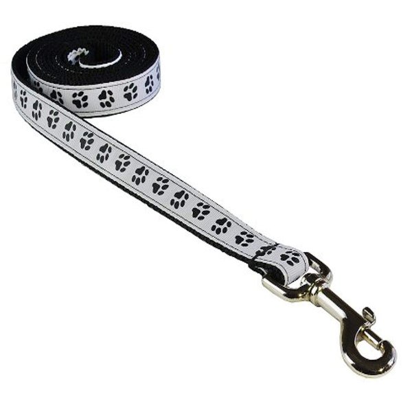 Small Black/Wht. Puppy Paws Dog Leash: 3/4" wide, 4ft length - Made in USA.