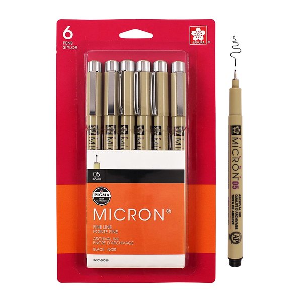 Sakura Pigma Micron Fineliner Pens - Archival Black Ink Pens - Pens for Writing, Drawing, or Journaling - Black Ink - 05 Point Size - 6 Pack