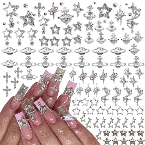 120+ Pcs Star Nail Charms Rhinestones Gems, Silver Star Planet Cross Nail Art Decorations Shiny Jewelry for Acrylic Nail Accessories for Women Girl Manicure DlY Crafts Supplies