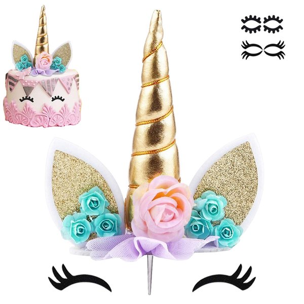 Unicorn Cake Topper Party Supplies Decorations for Girls Gold Unicorn Horn First Birthday Cake Topper Kit with Eyelashes, 5.8 Inch