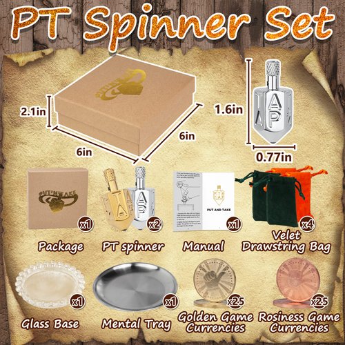 Extguds Put and Take Spinner Dice Game, Dice Game of Chance, Gambling top, Plated Brass Set. 2 Spinner dice + 1 Glass concave Mirror Base + 1 Mental Tray + 50 Game Currencies