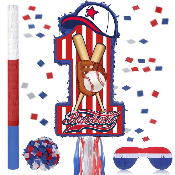 Ferraycle Baseball Number 1 Piñata for 1st Birthday Party Decorations Piñata Birthday Party Supplies for Boys Piñata with Blindfold Piñata Stick Confetti