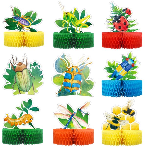 9 Pcs Summer Bugs Party Decorations Bug Themed Honeycomb Centerpiece Bug Party Supplies Insect Table Centerpiece Decoration Bug Themed Honeycombs Table Toppers for Baby Shower, Birthday Supplies
