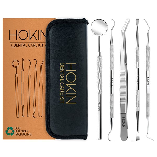 Dental Tools by HOKIN Plaque Remover Teeth Cleaning Tool Dental Care Kit Tooth Filling Repair Set Stainless Steel Dental Picks for Men Women Kids and Pet Care (5 Pcs)