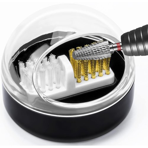 HiANNE Nail Art Cleaner Tool Case with Steel Wire Brush and Nylon Brush for Cleaning Carbide/Ceramic Nail Drill Bits, Anti-splash Design, Removable, Washable, Clear Cover + Black Base