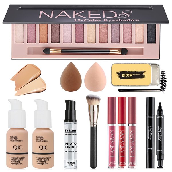 All in One Makeup Kit for Women Full Kit, Professional Makeup Kit Set, Includes 12 Colors Eyeshadow Palette, Foundation, Face Primer, Lipstick Set, Eyebrow Soap Kit, Winged Eyeliner Stamp, Waterproof Mascara, Makeup Brush, Makeup Sponge, Makeup Gift Set f