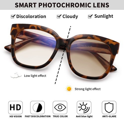 JIM HALO Photochromic Oversized Blue Light Glasses for Women Square Chunky Bluelight Computer Glasses Reduce Eye Strain Tortoise