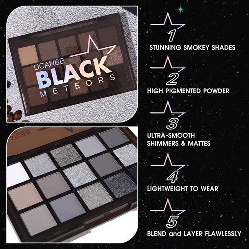 UCANBE Smokey Black Eyeshadow Makeup Palette, 15 Colors Dark Shimmer Matte Metallic Glitter Eye Shadow, High Pigmented Gray Silver Pallet for Daily Goth Halloween Skeleton Skull Make Up