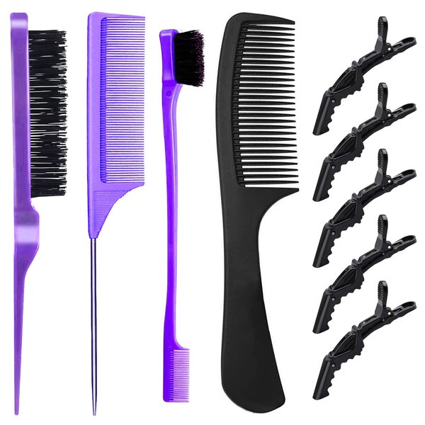 AESIFR 3 Pieces Hair Styling Tools Set - 3 Row Teasing Brush, Dual Edge Brush, Carbon Fiber Parting Comb for Brushing, Combing, Slicking for Stylist Women (Purple-2)