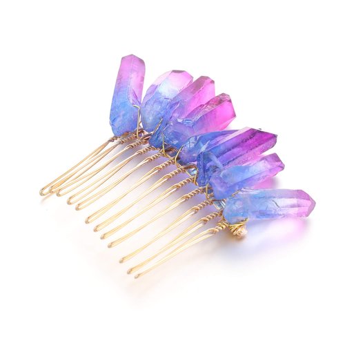 Handmade Natural Crystal Hair Comb Bridal Wedding Headwear Crystal Stone Hairpin Hair Clip Clamp Side Hair Combs for Women Hair Accessory (Purple)