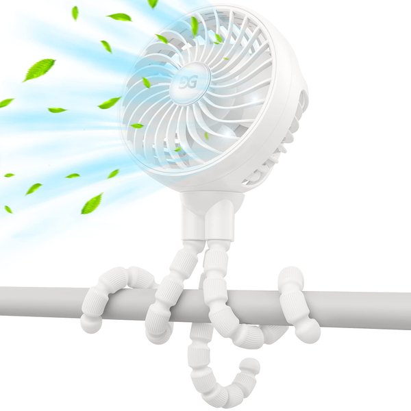 GUSGU Stroller Fan with Flexible Tripod Clip on for Baby, Mini Portable Fan Rechargeable Battery Operated, Small Personal Handheld Fan for Travel, Bed, Car Seat (White)