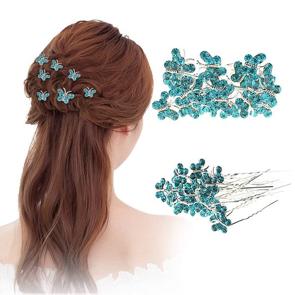 AKOAK 20 Pcs U-shaped Butterfly Rhinestone Hair Clip Crystal Hair Accessories Rhinestone Wedding Hair Clip for Bridal Wedding Party Girls (Light Green)