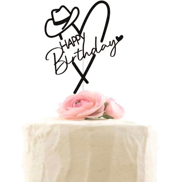 Cowgirl Happy Birthday Cake Topper, Mexican Western Birthday Cake Decorations, Fiesta Theme Girls Birthday Party Decor Supplies Black Glitter