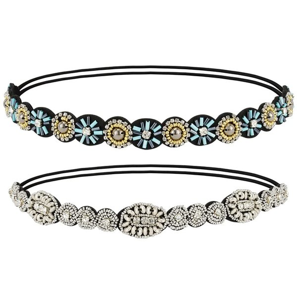 Amariver 2 Pieces Rhinestone Beaded Elastic Headband，Fashion Headbands Handmade Hair Bands Hair Accessories for Lady Woman 20-25" Fits for Most (Style E)