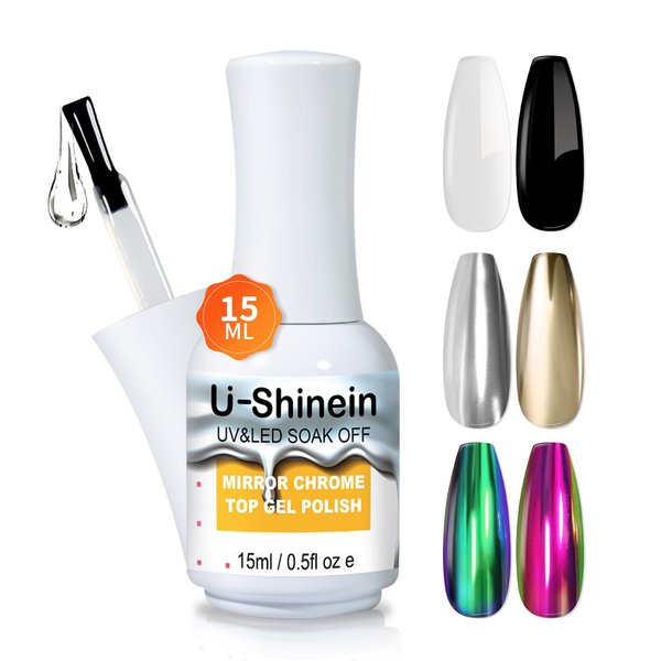 U-Shinein 15ml Top Coat for Metallic Painting Gel, No Wipe Top Gel Polish for Metallic Gel Nail Polish, Chrome Nail Polish, Chrome Nail Powder, Mirror Nail Gel, Easy to Make Mirror Chrome Effect