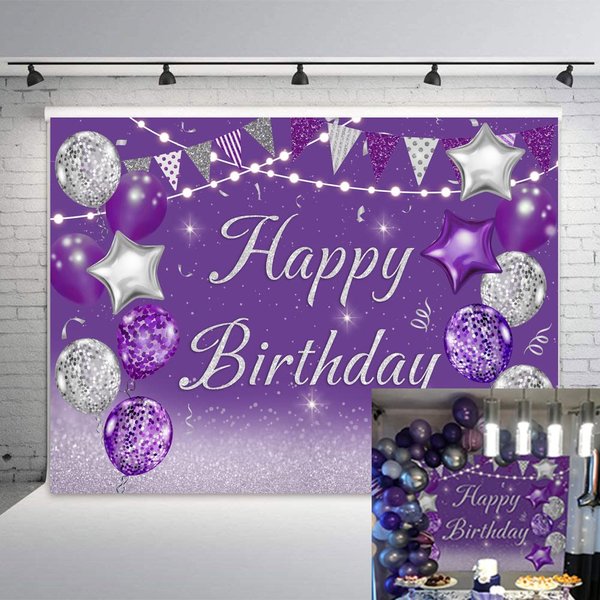 INRUI Purple Happy Birthday Party Photography Background Silver Glitter Balloons Girls Women Sweet Princess Bday Event Favors Supplies Decoration Backdrop 7x5FT