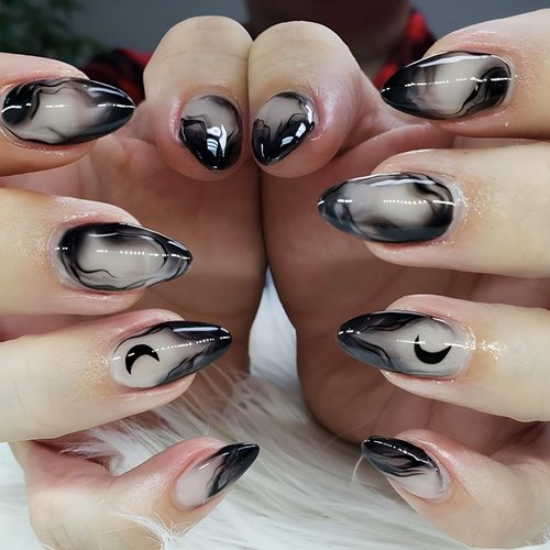 Ink French Tips Press on Nails Medium Almond Glossy Black Gradient Acrylic False Nails 24Pcs Moon Fake Nails Gel Glue on Nails for Manicure Curve Line Stick on Nails for Coquette Women Girls