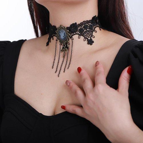 Xerling Tassel Black Lace Choker Portrait Floral Necklace Costume Jewelry for Women Halloween Festival Chains