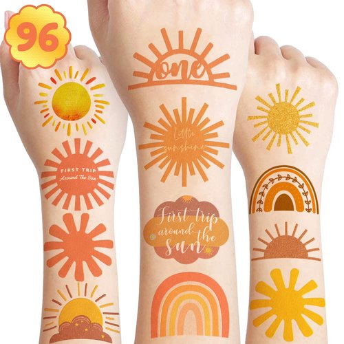 Sun First Temporary Tattoos Boho Sun Party Decorations Favors Supplies Sunshine Themed Cute Stickers 8 Sheets 96 PCS Gifts for Baby Girls Boys Class School Carnival