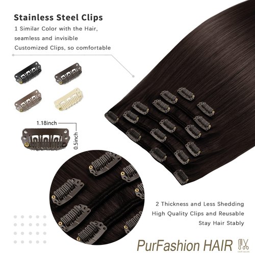 Clip in Hair Extensions Real Human Hair, Dark Brown Clip Thick Hair Extensions 70g 22inch 7pcs, Straight Brown Natural Remy Hair Extensions Clip for Women