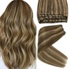 Sunny Weft Hair Extensions Human Hair Brown Sew in Extensions Highlights Hair Wefts Human Hair Sew in Dark Brown Highlights Caramel Blonde Sew in Hair Extensions Real Human Hair 18inch 100g