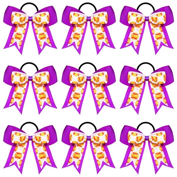MTLEE 9 Pcs 7.5 Inch Purple Softball Ribbon Hair Bows Cheer Hair Bows Elastic Scrunchies Hair Bands Cheerleader Bows Volleyball Sports Ball Ponytail Holder Sport Hair Accessories for Girl Player