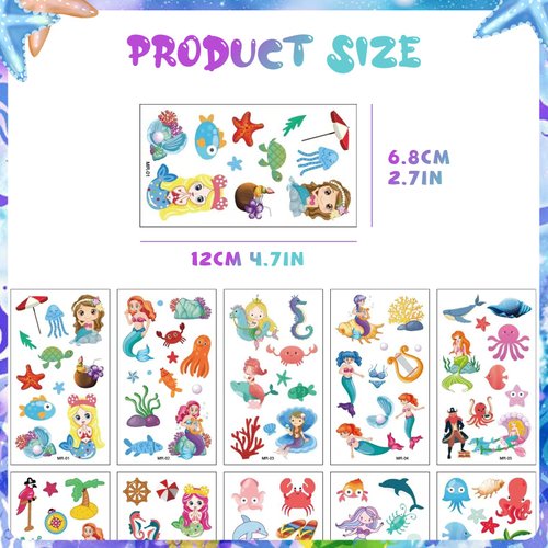 10 Sheets Mermaid Temporary Tattoos, Mermaid Fake Tattoo Stickers for Kids Girls, Mermaid Tattoos Party Decorations Favors Supplies, Ocean Themed Tattoo Stickers