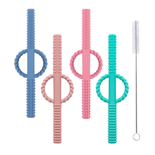 YAPROMO Hollow Teether Tube, Silicone Chew Straw Toy for Infant Toddlers 4 Pack Teething Toys for Babies BPA Free/Dishwasher and Refrigerator Safe